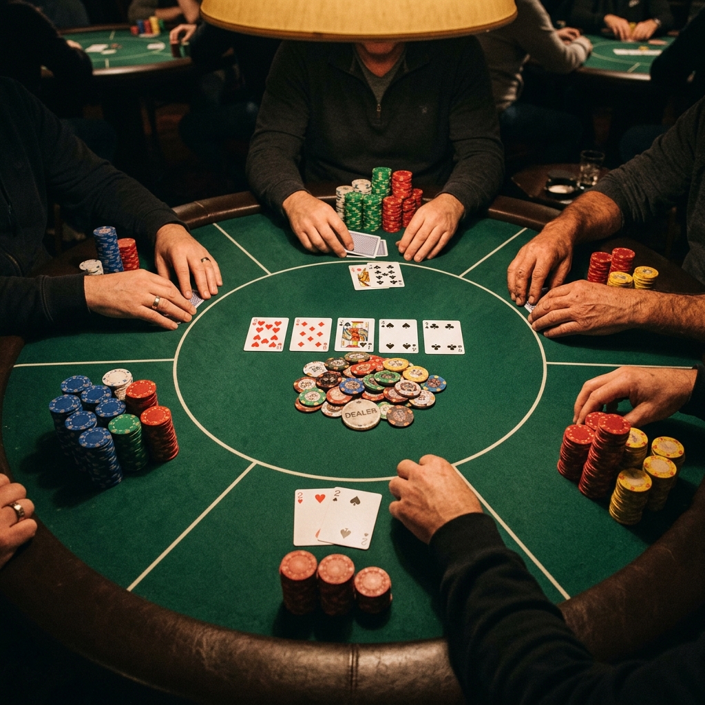 Cash game poker table with chips and cards