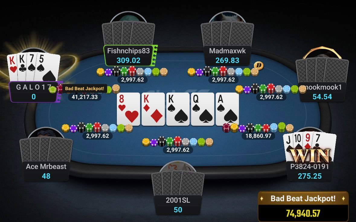 Online poker table showing a completed bad beat jackpot hand on blue felt