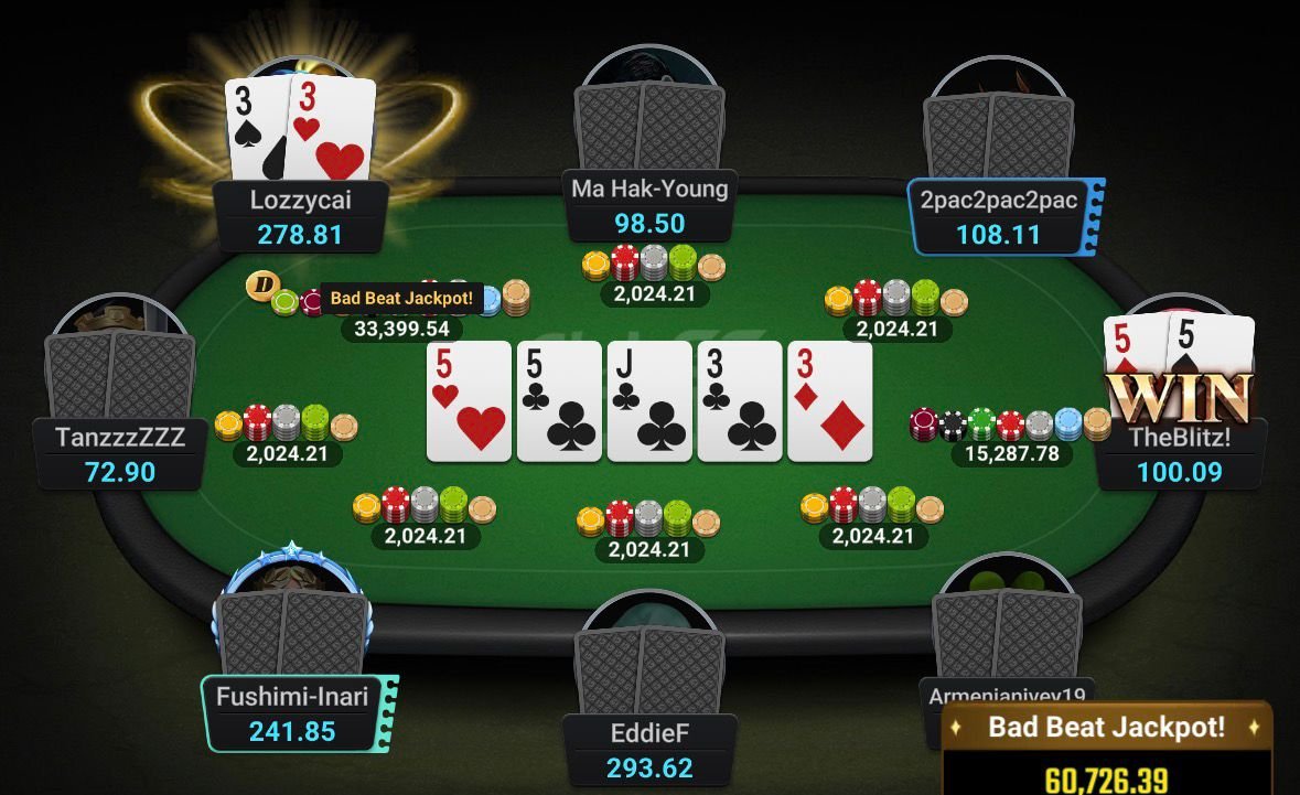 Online poker table showing a completed bad beat jackpot hand on green felt