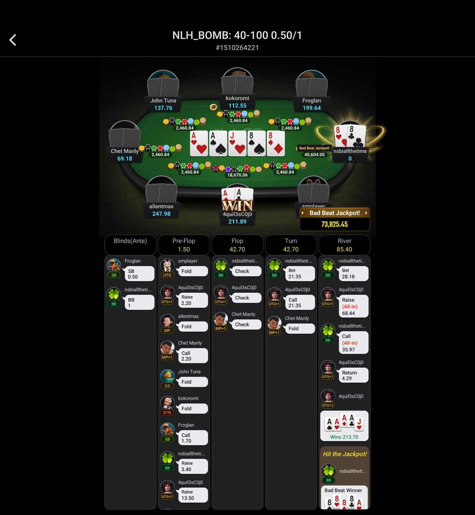 Poker hand history showing a bomb-pot bad beat jackpot on green felt