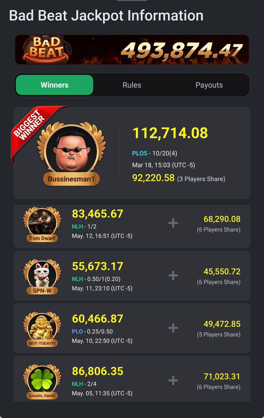 Bad beat jackpot information screen listing recent winners and payouts