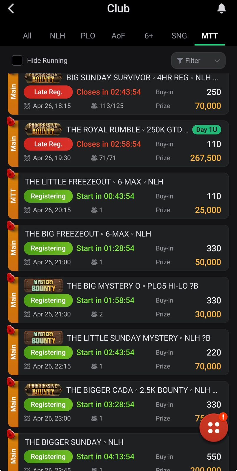 Club lobby showing a list of multi-table tournaments and bounty events