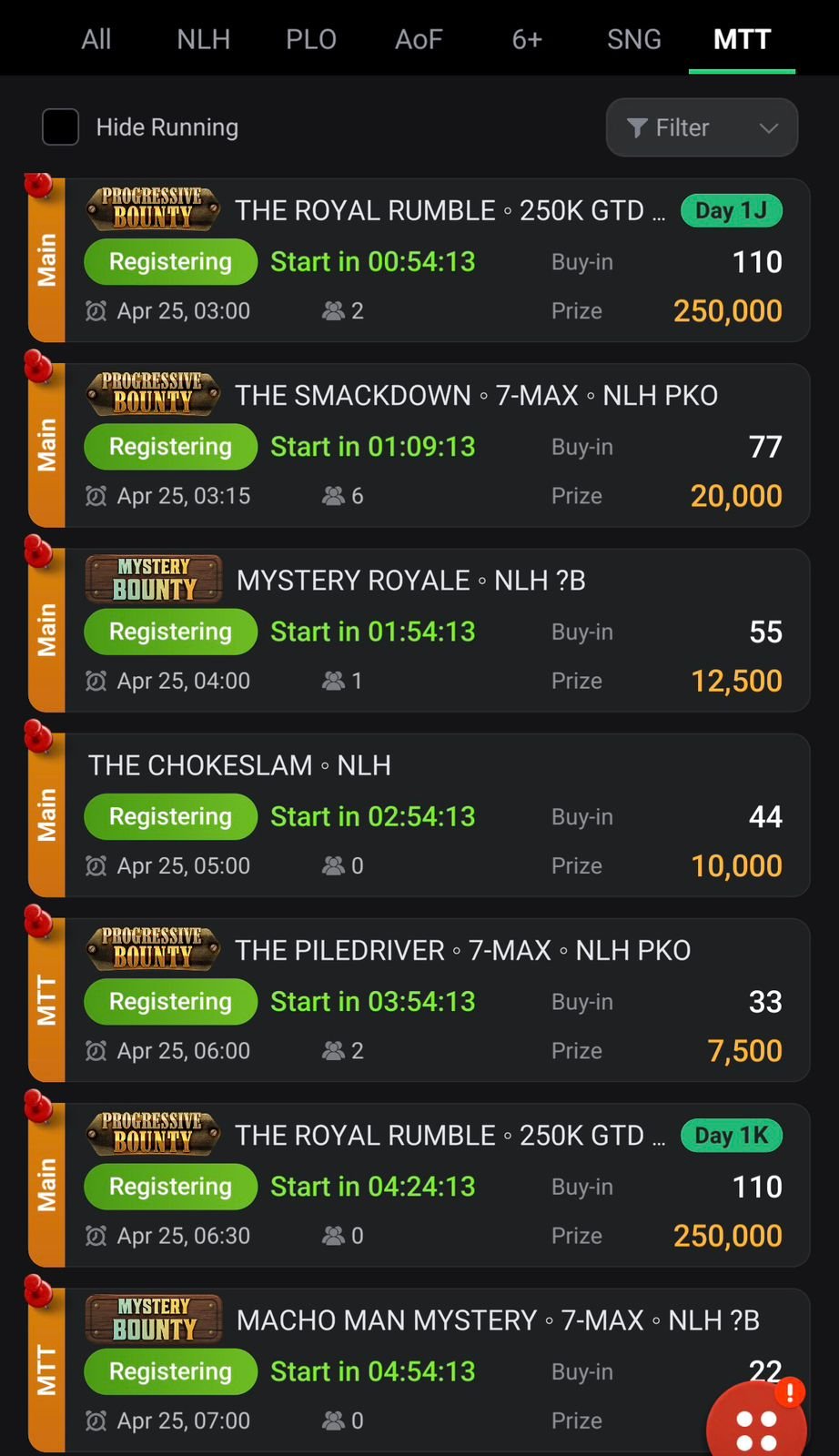 Club lobby showing upcoming multi-table tournaments with buy-ins and prize pools